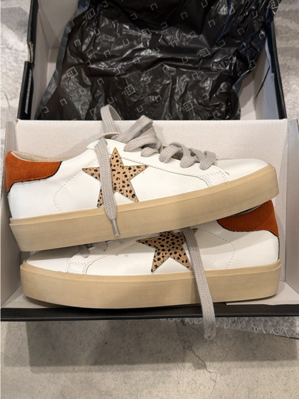 ShuShop White Platform Sneakers with Leopard Star and Rust Heel